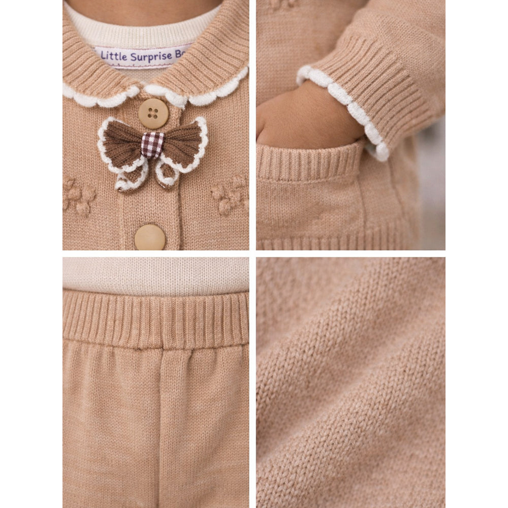 2 Pcs Beige 3d Flower Winter Cardigan with Flare Pants co ord set and Matching Cap for Kids