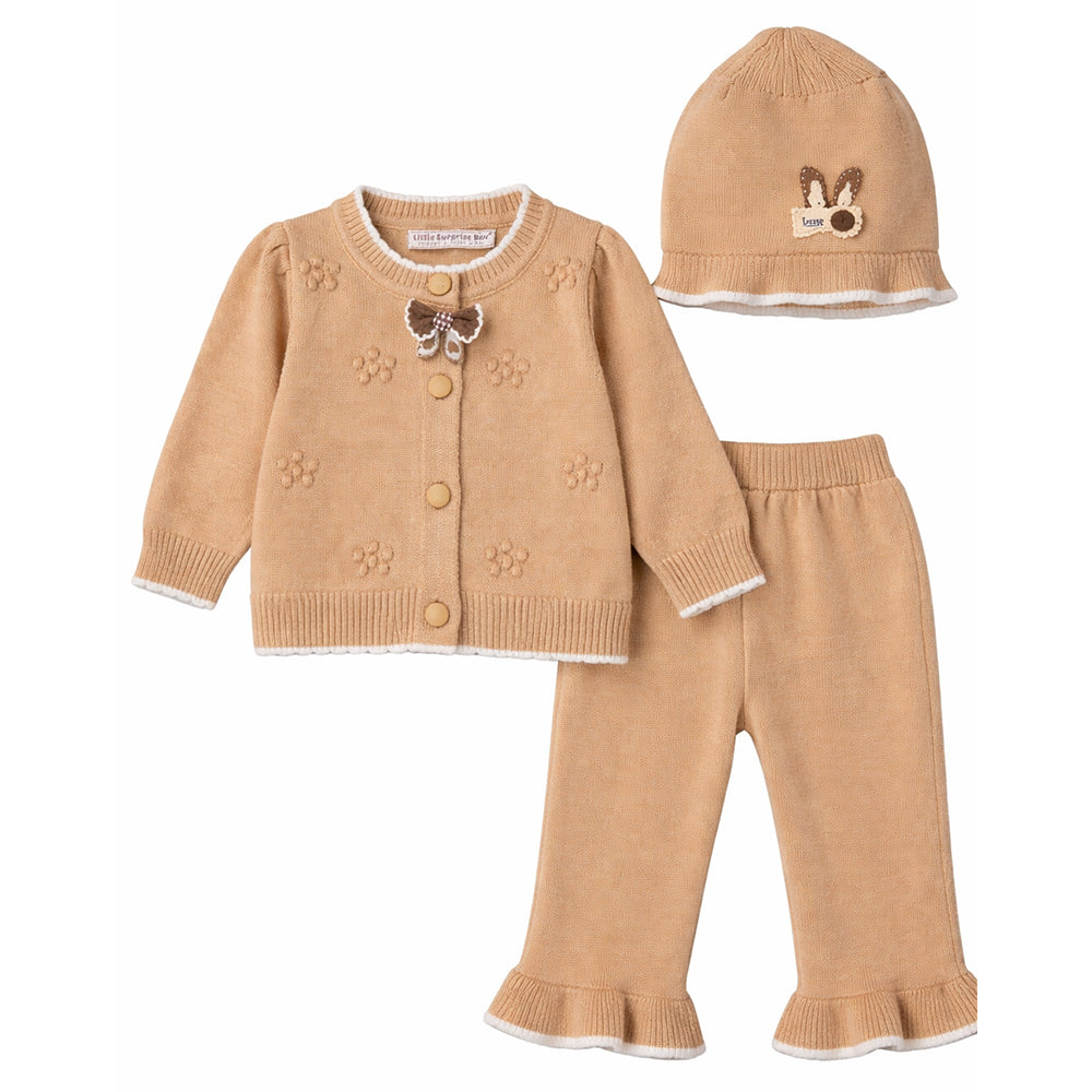 2 Pcs Beige 3d Flower Winter Cardigan with Flare Pants co ord set and Matching Cap for Kids
