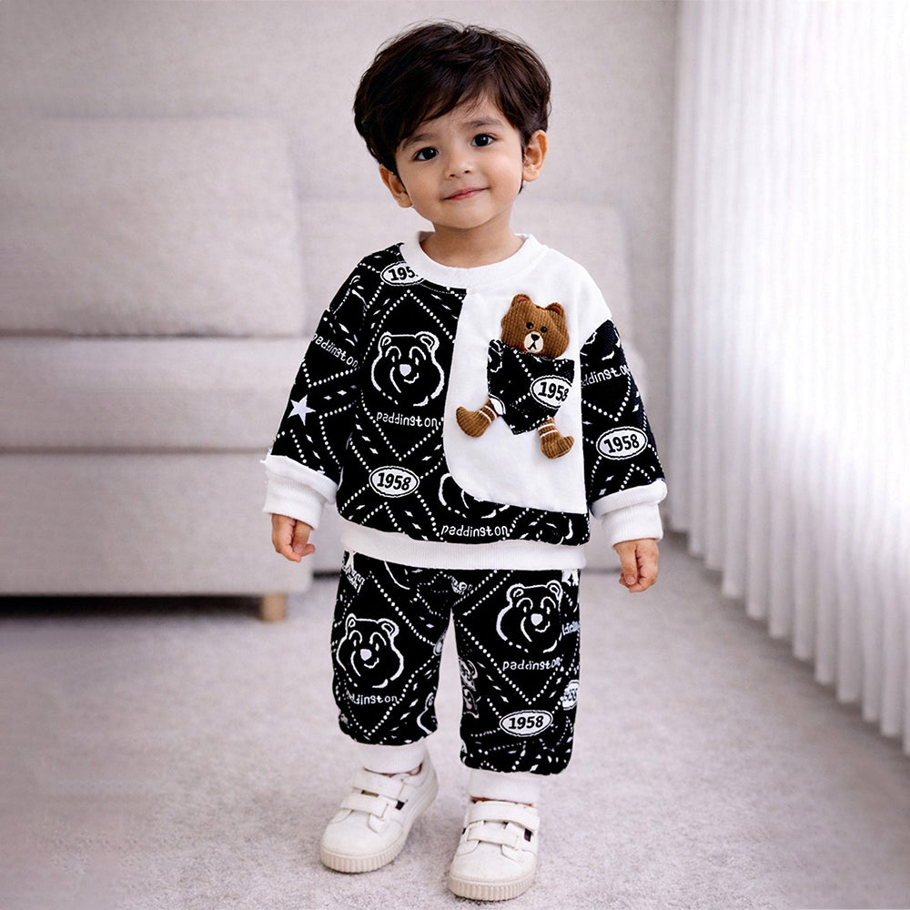 Black & White Dotted Teddy , 2Pcs Tracksuit Set for Kids