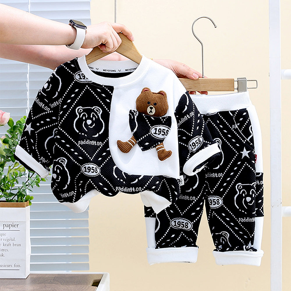 Black & White Dotted Teddy , 2Pcs Tracksuit Set for Kids