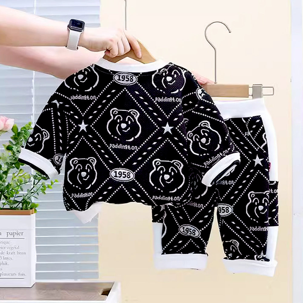Black & White Dotted Teddy , 2Pcs Tracksuit Set for Kids