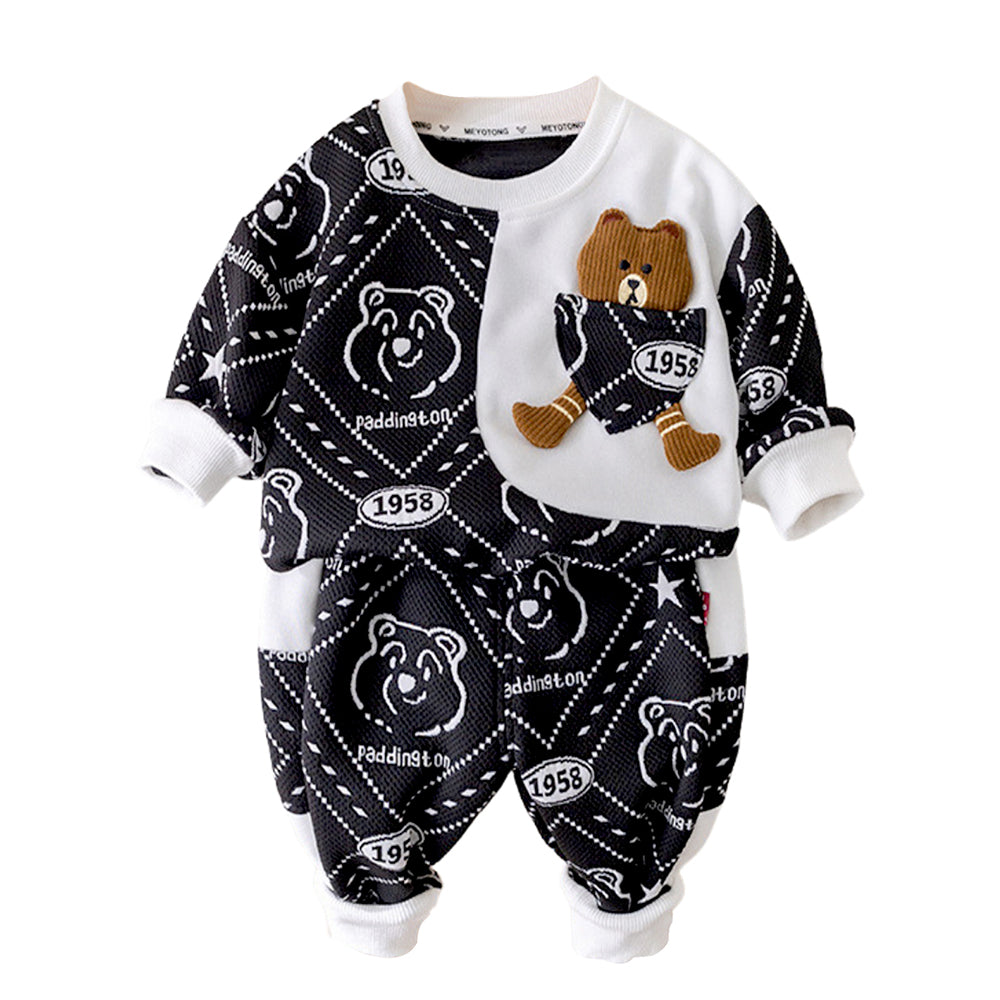 Black & White Dotted Teddy , 2Pcs Tracksuit Set for Kids