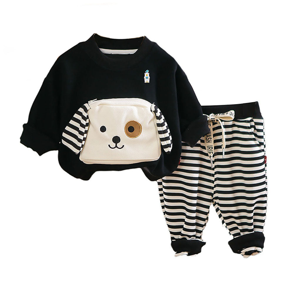 2Pcs Set Black Stripes Doggy Eye Patch Track Suit Set For Toddler And Kids Winter & All Season Wear