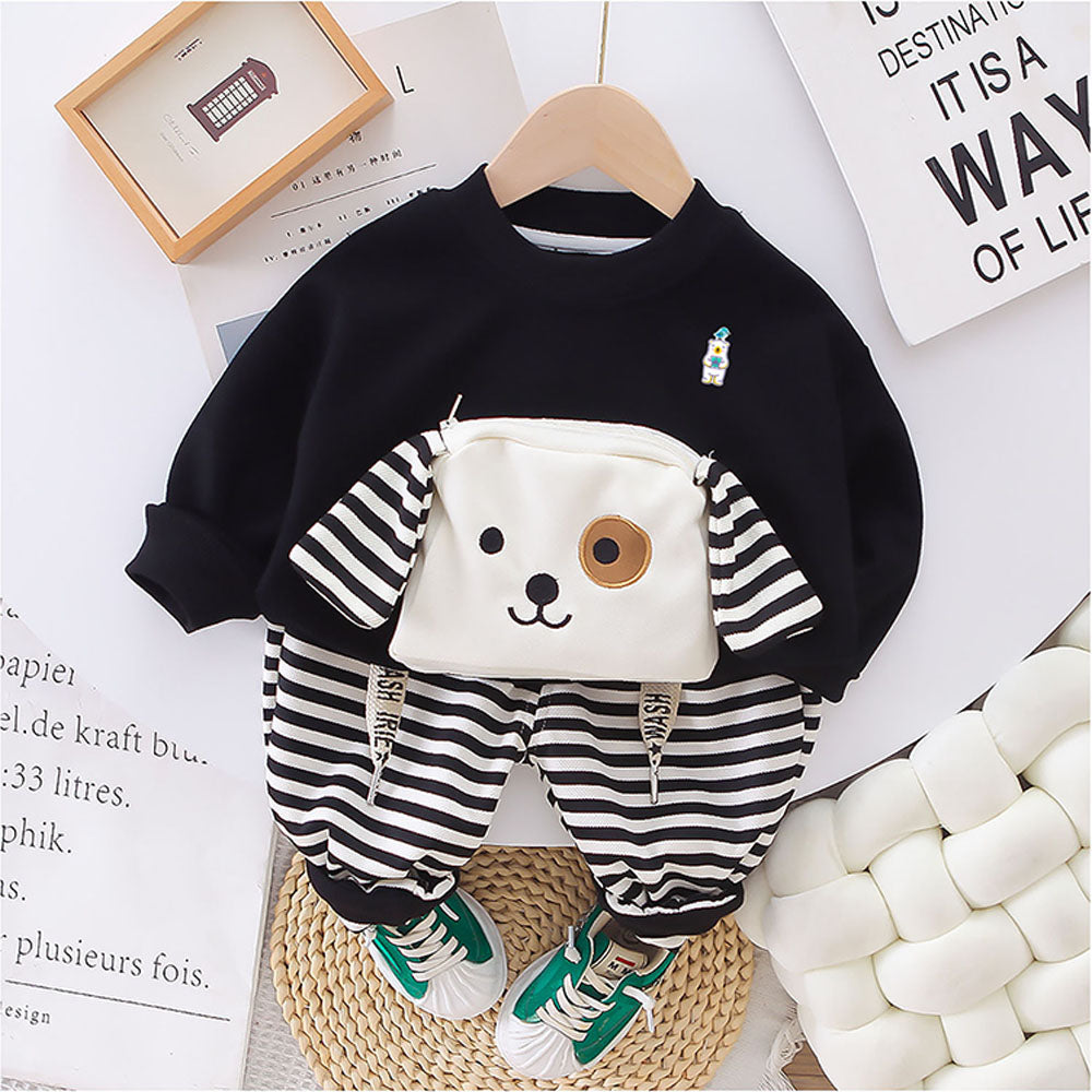 2Pcs Set Black Stripes Doggy Eye Patch Track Suit Set For Toddler And Kids Winter & All Season Wear