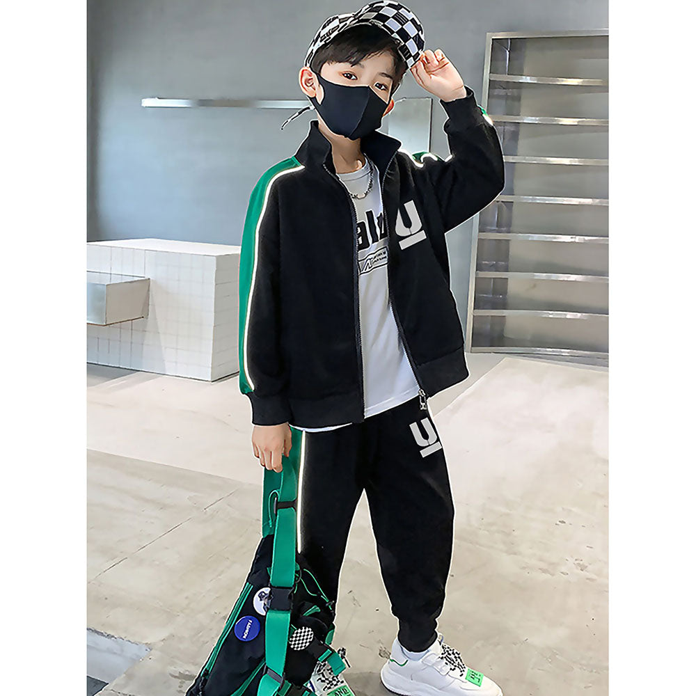 Casual Black With Green Borer 2Pcs Track Suit Set For Kids & Tweens