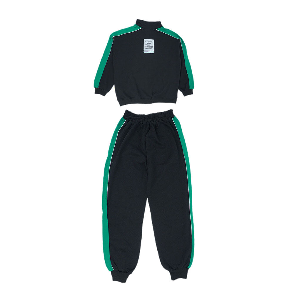 Casual Black With Green Borer 2Pcs Track Suit Set For Kids & Tweens