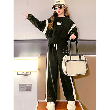 Self Patterned Black Patch Casual Stripes 2Pcs Track Suit Set For Kids & Tweens