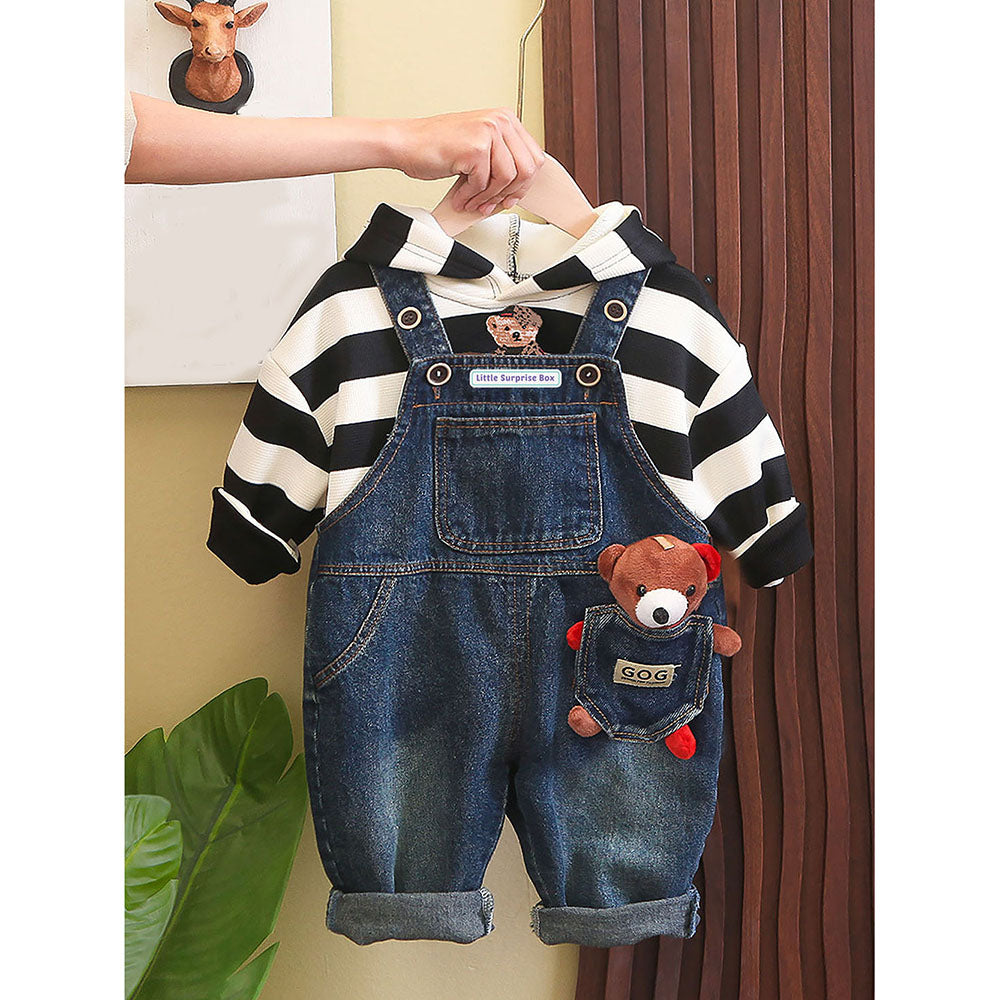 Black Stripes Teddy Bear Soft Toy Dungary Style 2 Pc Clothing Set For Toddlers And Kids