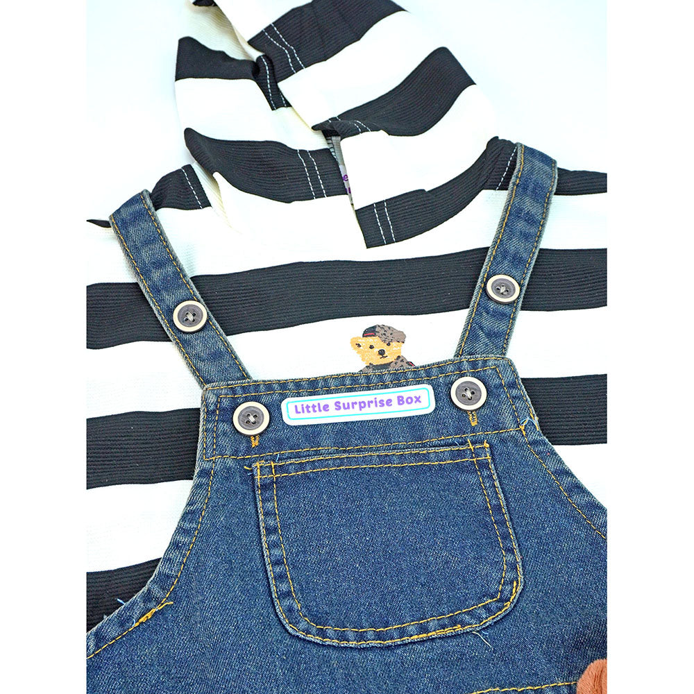 Black Stripes Teddy Bear Soft Toy Dungary Style 2 Pc Clothing Set For Toddlers And Kids