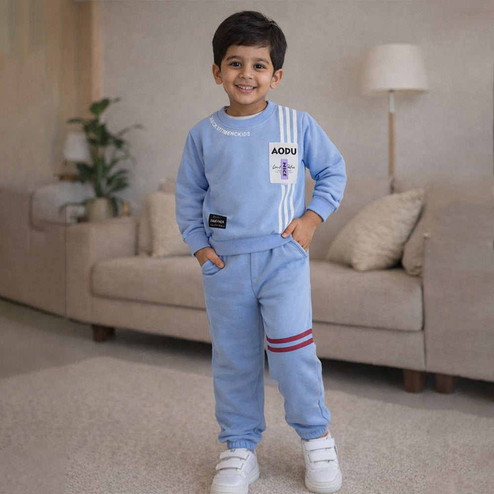 Blue & White Stripes 2pcs Fleece Winter Tracksuit Set for Kids