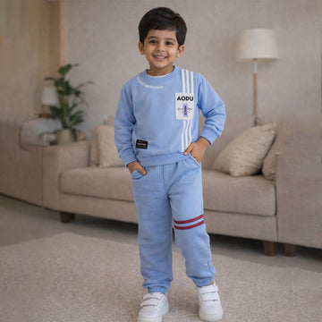 Blue & White Stripes 2pcs Fleece Winter Tracksuit Set for Kids