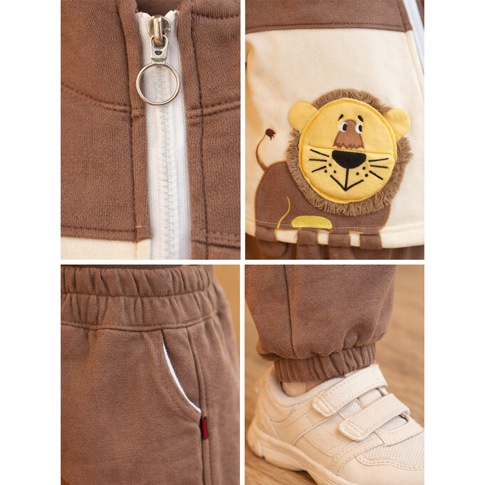 Brown Crew Neck 3D Lion , Fleece winter Tracksuit Set for Kids