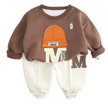 Brown 3D Cap Design 2 Pcs Track Suit Set For Toddlers And Kids