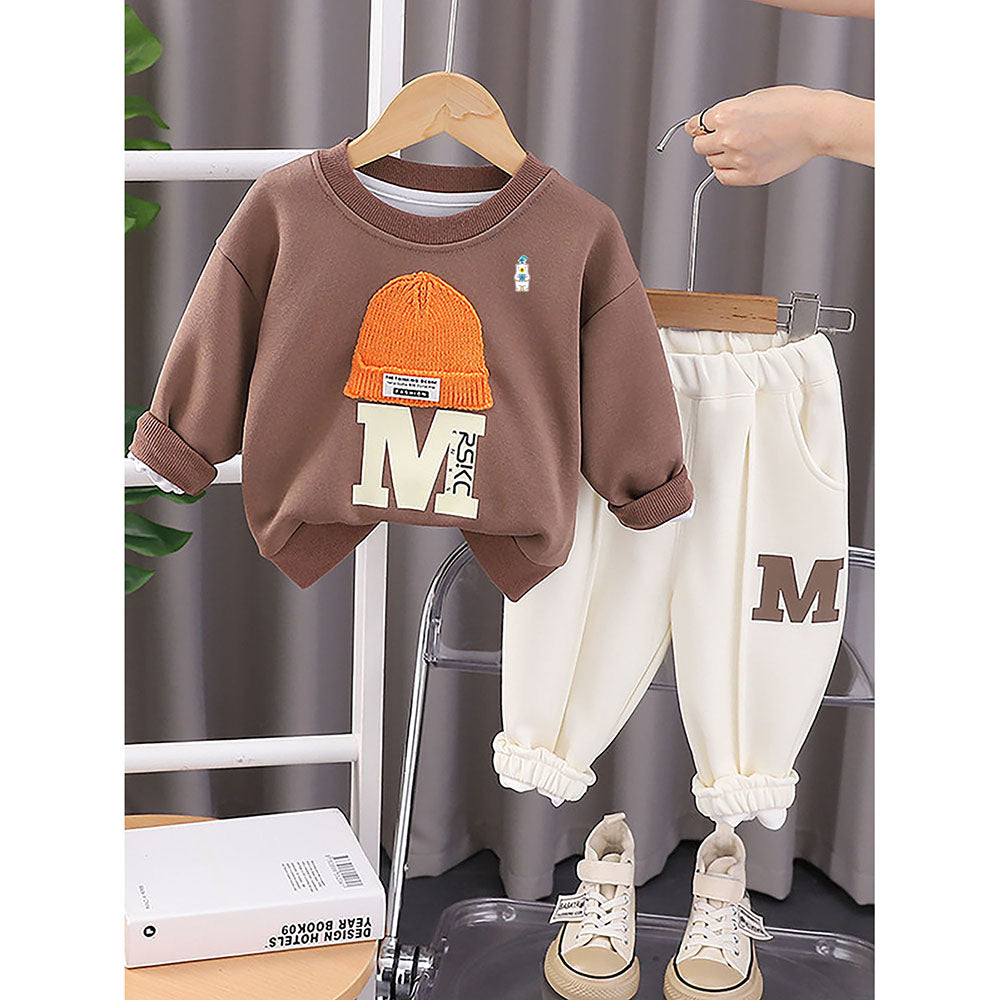 Brown 3D Cap Design 2 Pcs Track Suit Set For Toddlers And Kids