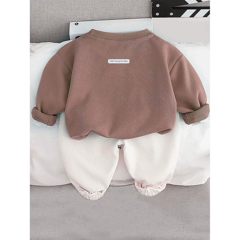 Brown 3D Cap Design 2 Pcs Track Suit Set For Toddlers And Kids