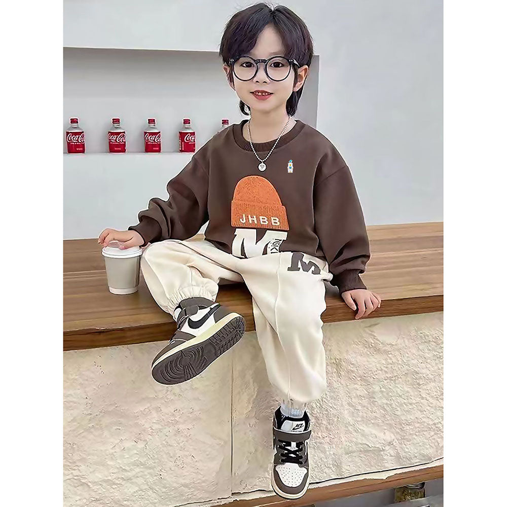 Brown 3D Cap Design 2 Pcs Track Suit Set For Toddlers And Kids