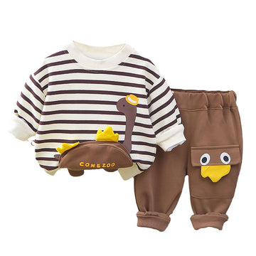 2 Pcs Set Brown Striped 3D Fluffy Dino Tummy Sweat Shirt And Pants Set For Toddler And Kids Winter And All Season Wear