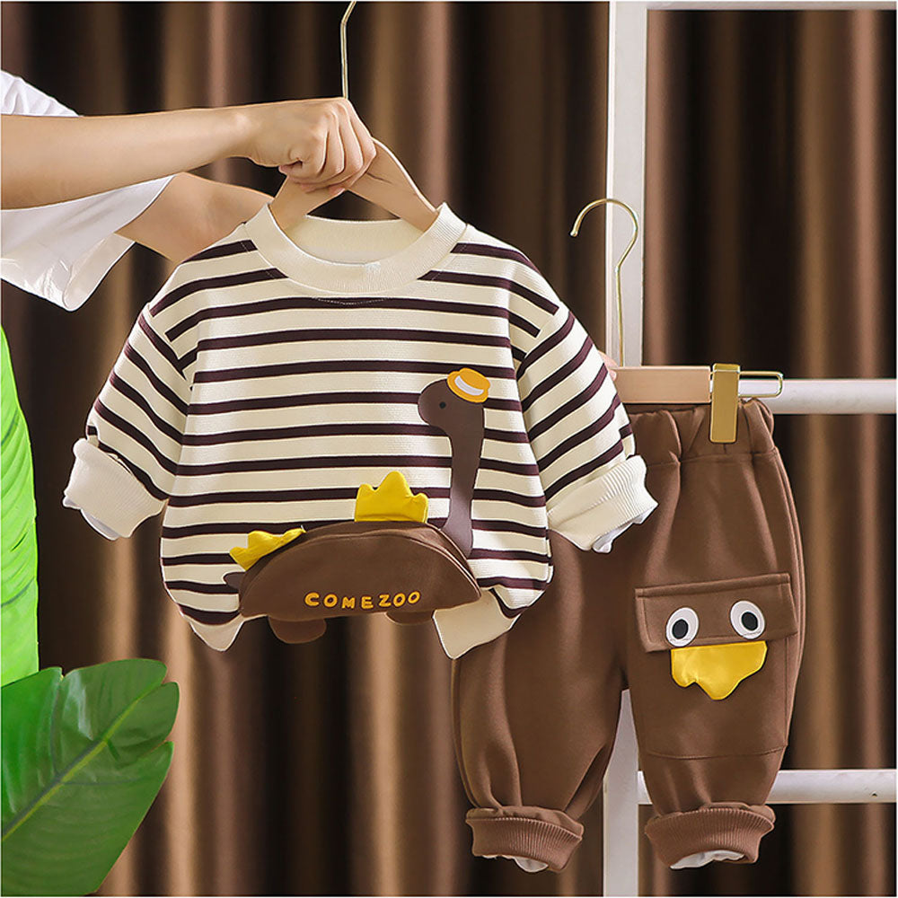 2 Pcs Set Brown Striped 3D Fluffy Dino Tummy Sweat Shirt And Pants Set For Toddler And Kids Winter And All Season Wear