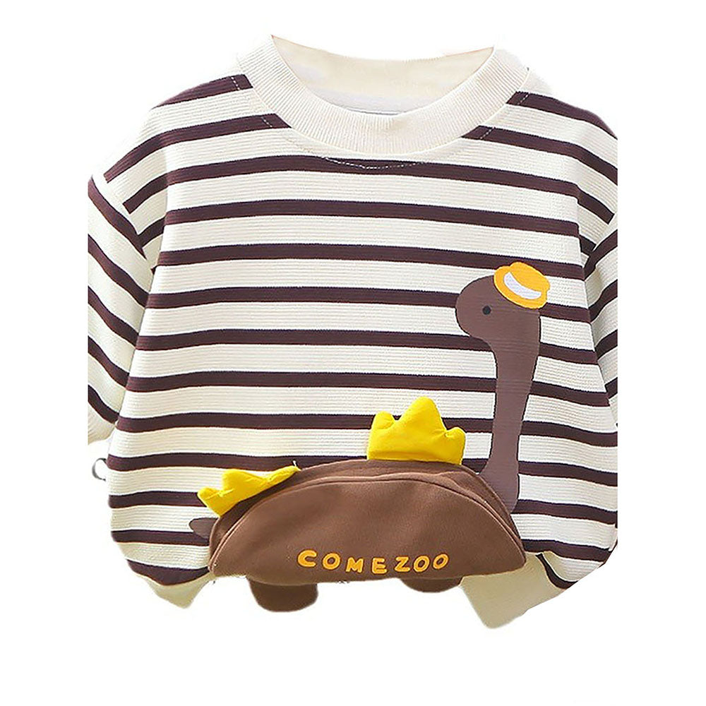2 Pcs Set Brown Striped 3D Fluffy Dino Tummy Sweat Shirt And Pants Set For Toddler And Kids Winter And All Season Wear