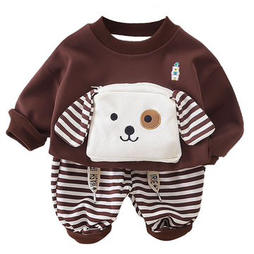 2Pcs Set Brown Stripes Doggy Eye Patch Track Suit Set For Toddler And Kids Winter & All Season Wear