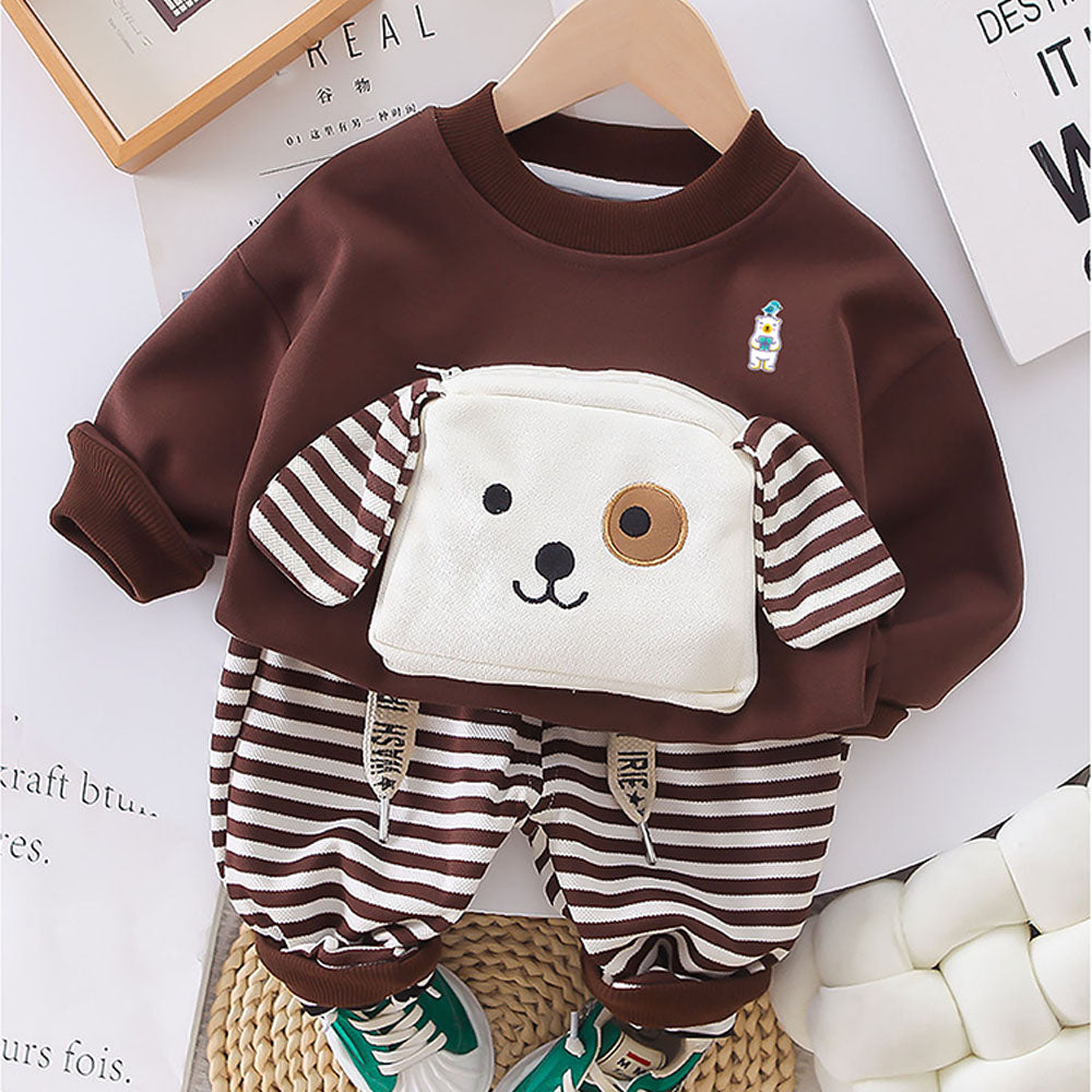 2Pcs Set Brown Stripes Doggy Eye Patch Track Suit Set For Toddler And Kids Winter & All Season Wear