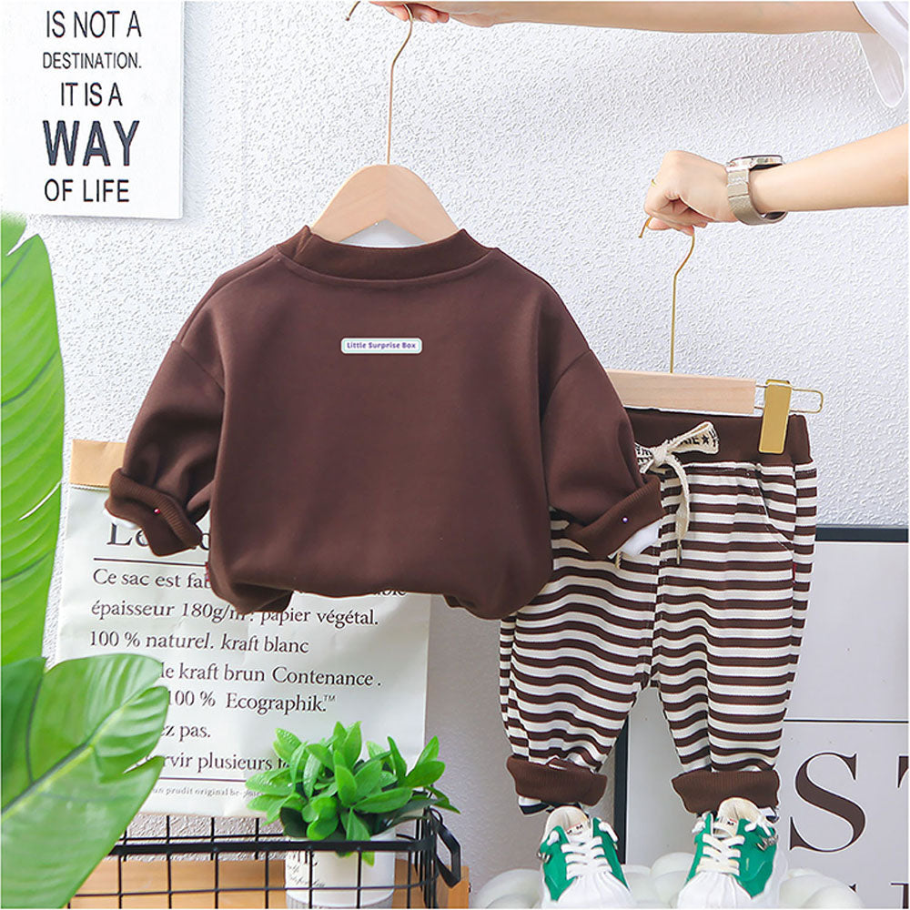 2Pcs Set Brown Stripes Doggy Eye Patch Track Suit Set For Toddler And Kids Winter & All Season Wear