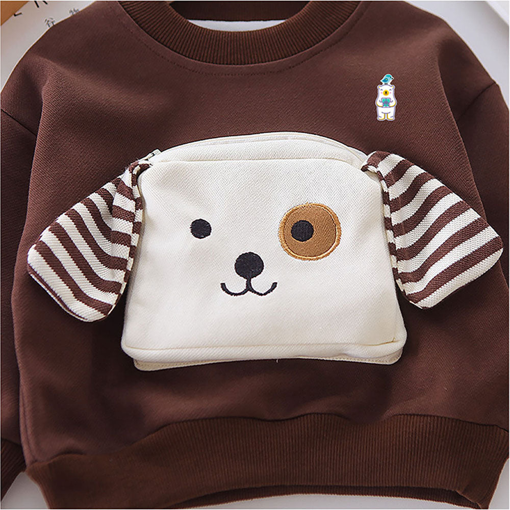 2Pcs Set Brown Stripes Doggy Eye Patch Track Suit Set For Toddler And Kids Winter & All Season Wear