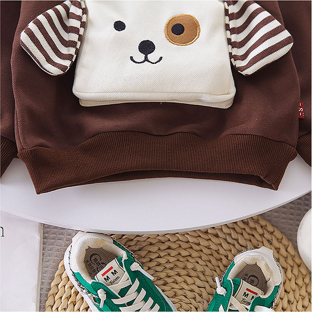 2Pcs Set Brown Stripes Doggy Eye Patch Track Suit Set For Toddler And Kids Winter & All Season Wear
