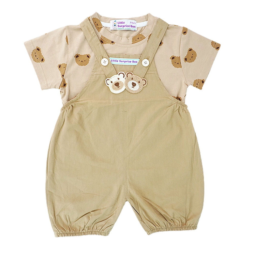 Brown Tee Cream Dungary Style 2Pcs Set For Toddlers And Kids