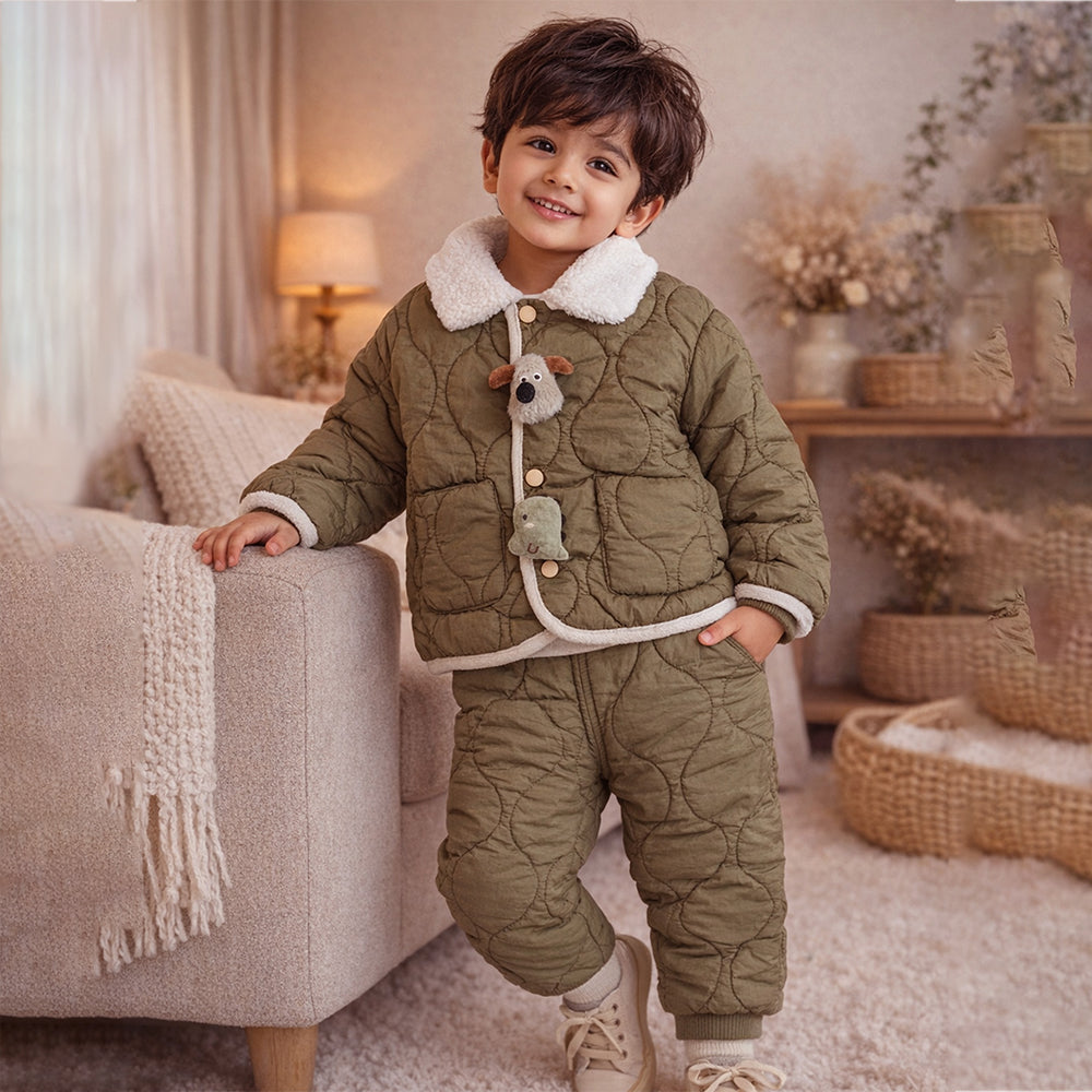 2 Pcs Brown Quilted Puffer Winter Jacket with Pants Co-ords set for Kids