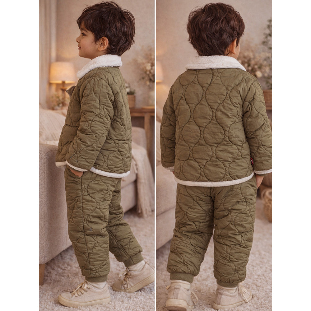 2 Pcs Brown Quilted Puffer Winter Jacket with Pants Co-ords set for Kids
