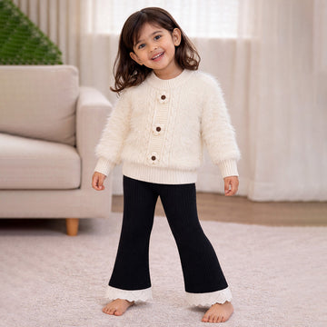 2 Pcs White Flower Sweater & Flare Pant, Winterwear co ord set for Girls