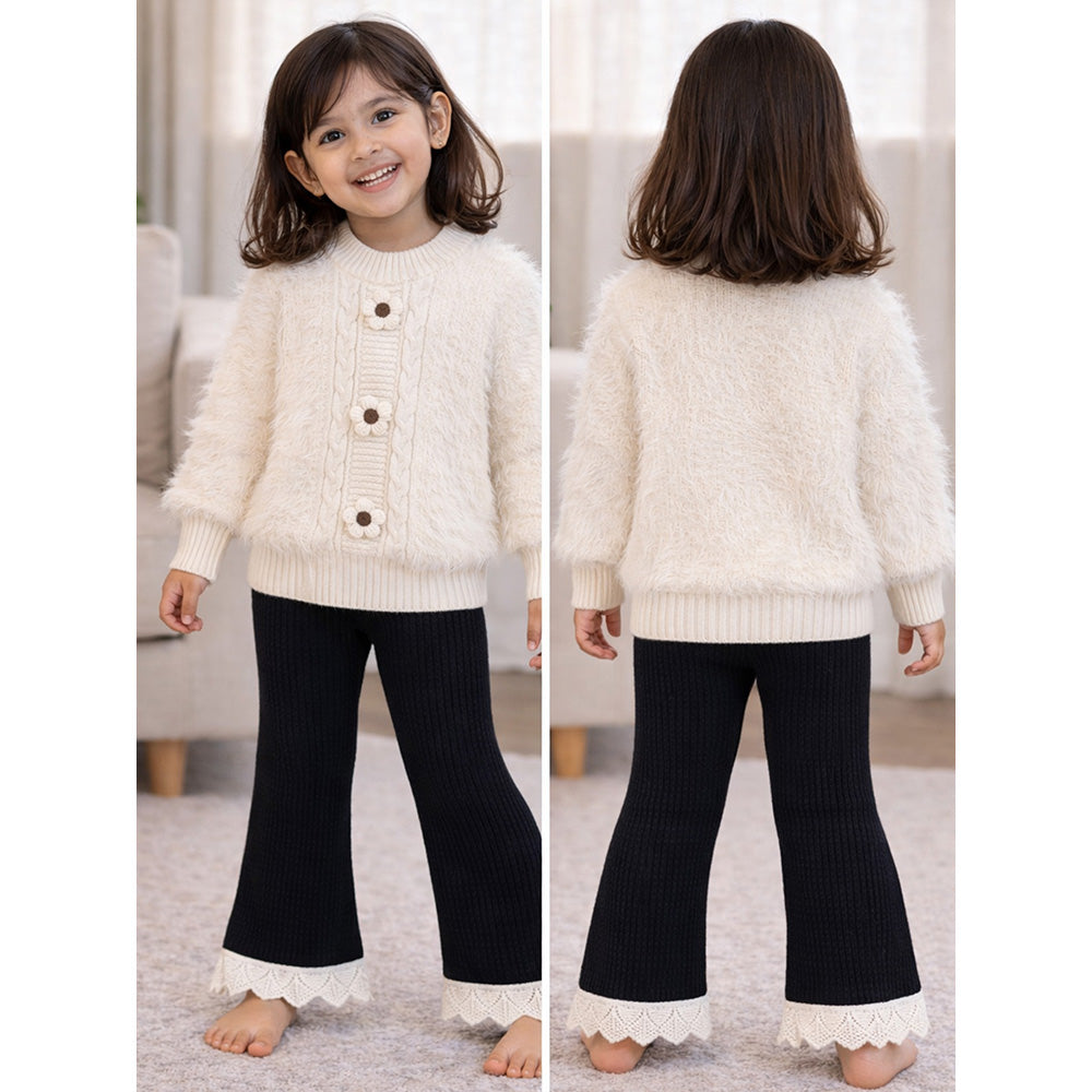 2 Pcs White Flower Sweater & Flare Pant, Winterwear co ord set for Girls