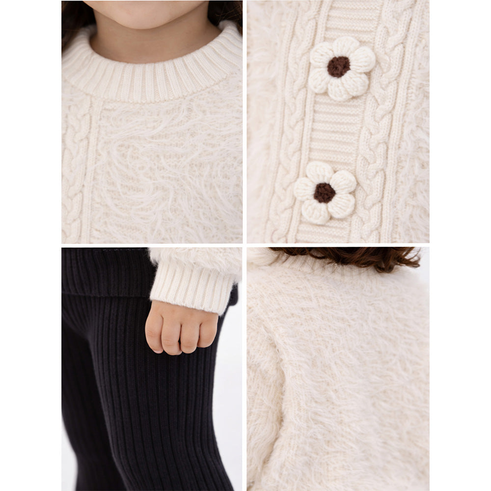 2 Pcs White Flower Sweater & Flare Pant, Winterwear co ord set for Girls