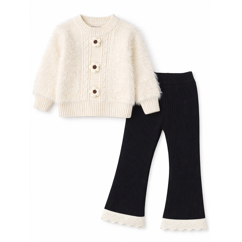 2 Pcs White Flower Sweater & Flare Pant, Winterwear co ord set for Girls