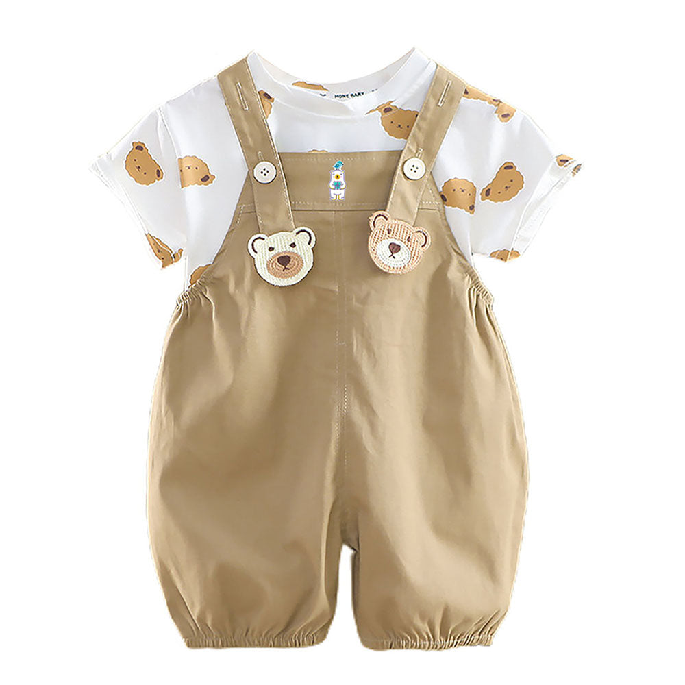 Cream Tee Brown Dungary Style 2Pcs Set For Toddlers And Kids