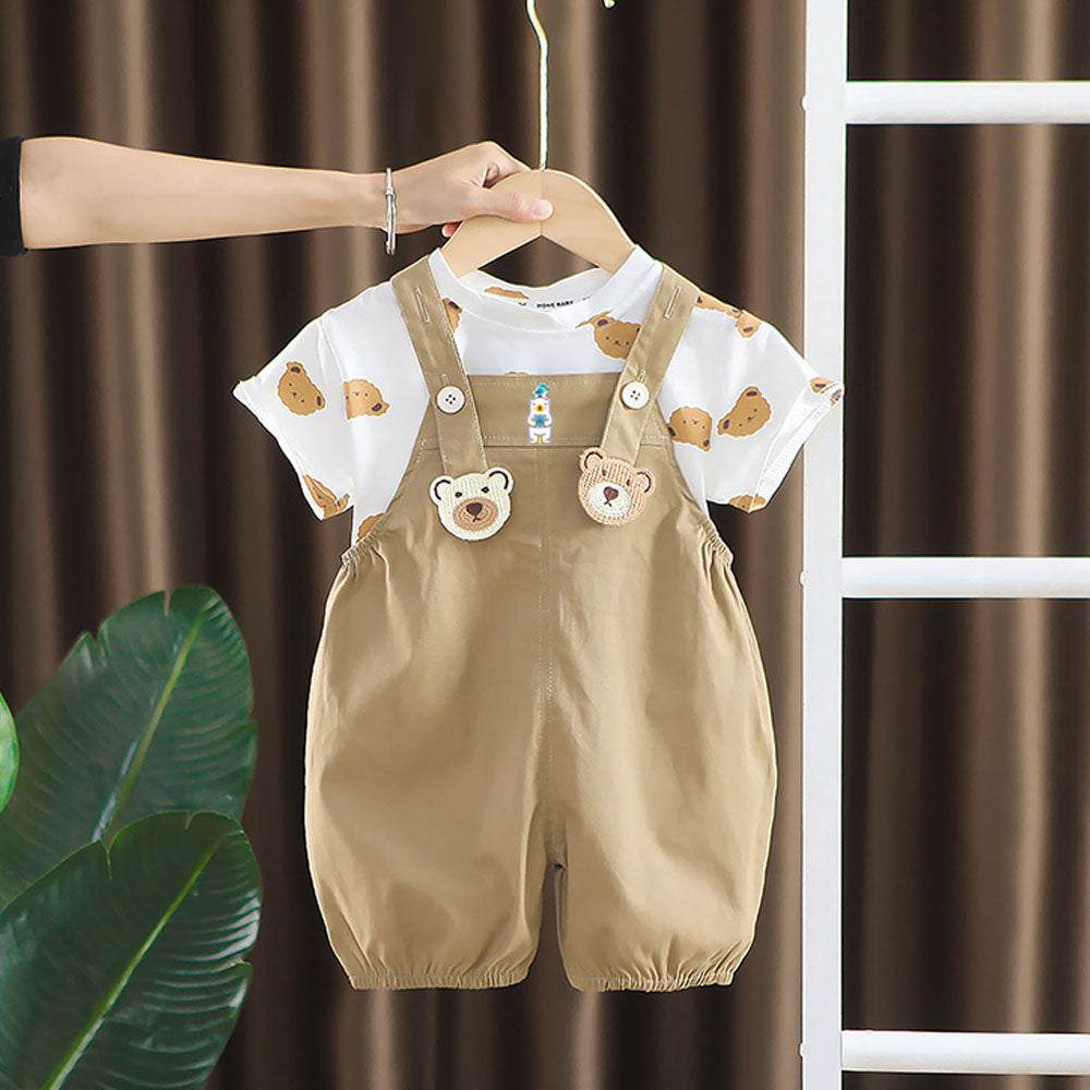 Cream Tee Brown Dungary Style 2Pcs Set For Toddlers And Kids