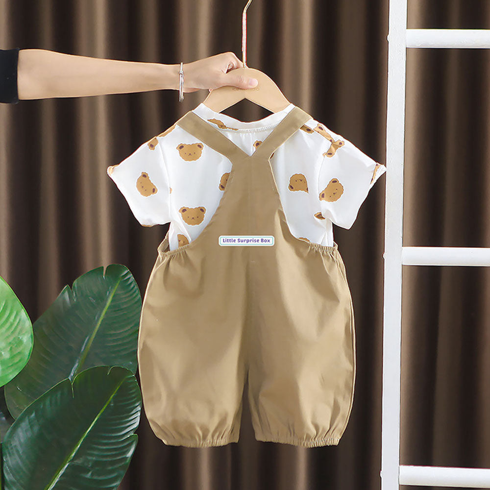 Cream Tee Brown Dungary Style 2Pcs Set For Toddlers And Kids