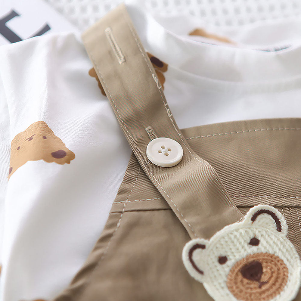Cream Tee Brown Dungary Style 2Pcs Set For Toddlers And Kids