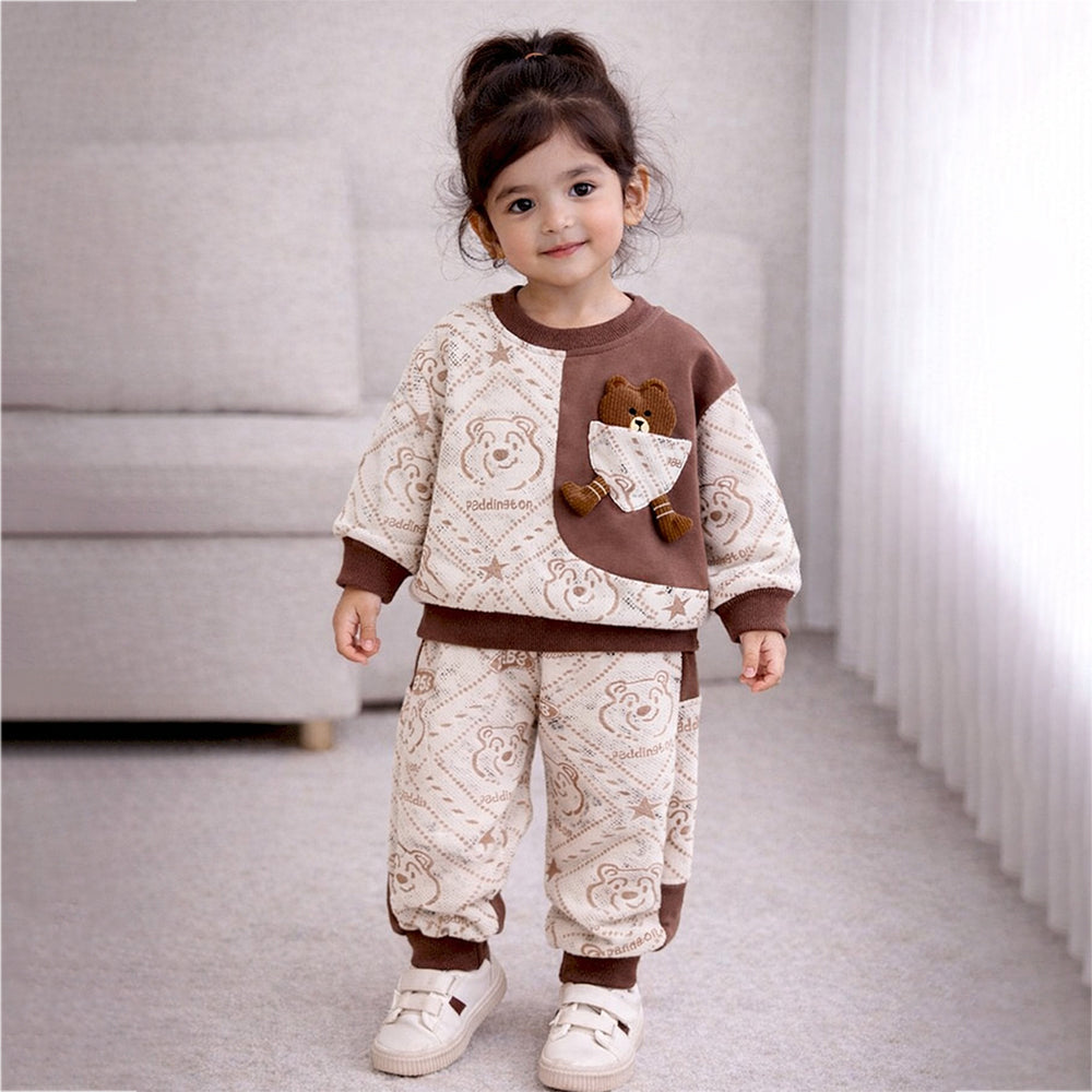 Cream & Brown Dotted Teddy, 2pcs Tracksuit Set for Kids