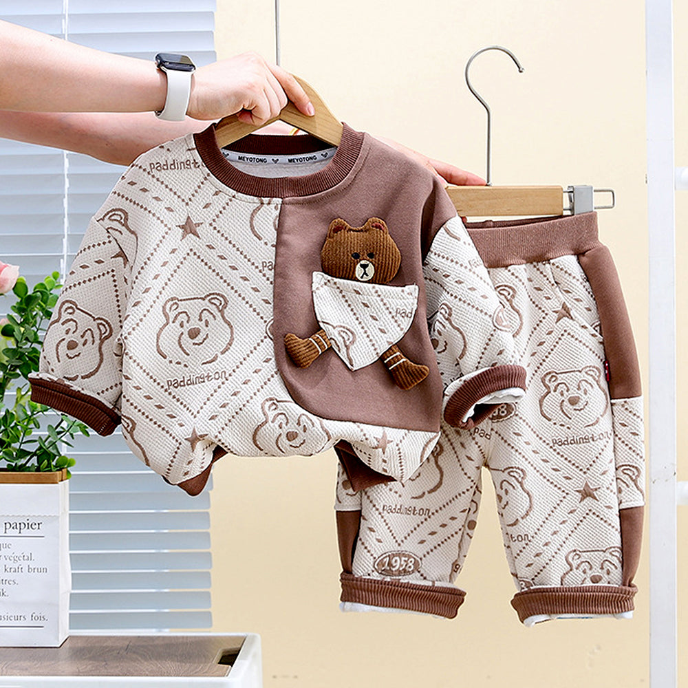 Cream & Brown Dotted Teddy, 2pcs Tracksuit Set for Kids
