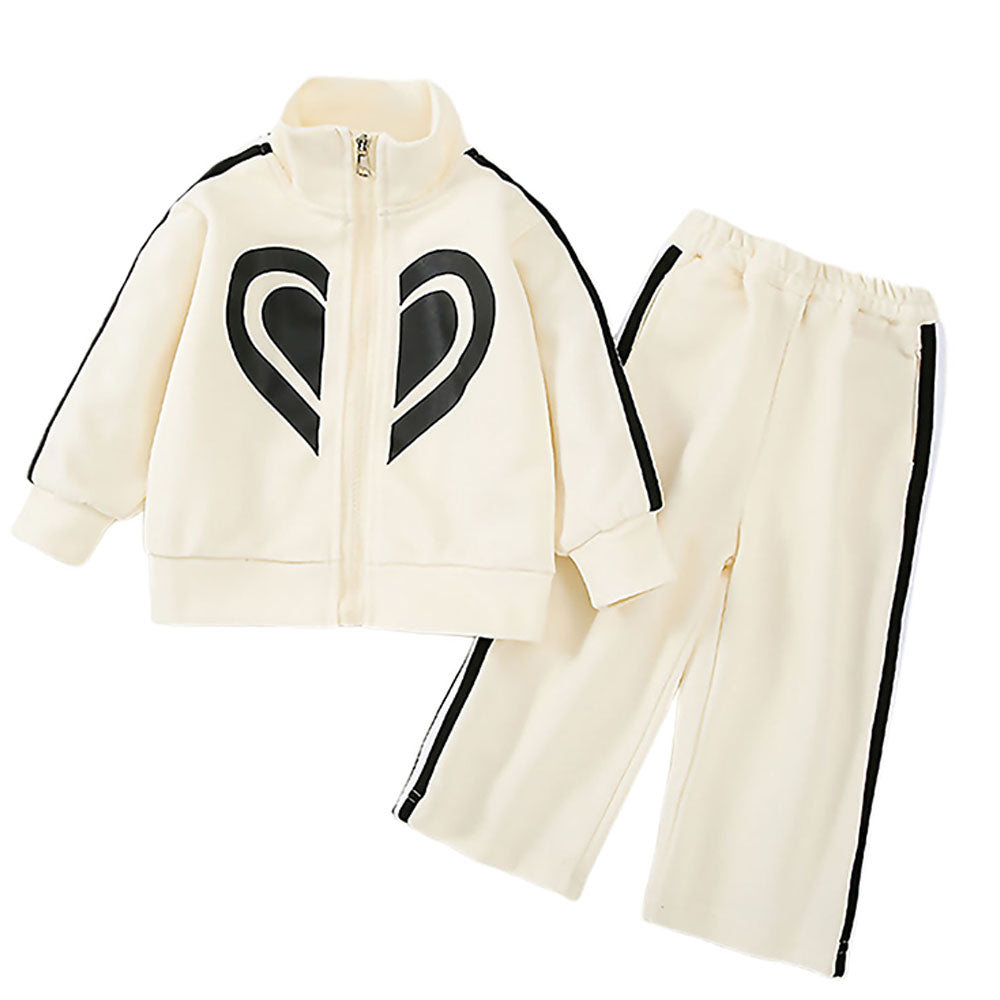 Casual Cream & Black Big Heart 2Pcs Track Suit Set For Kids & Tweens