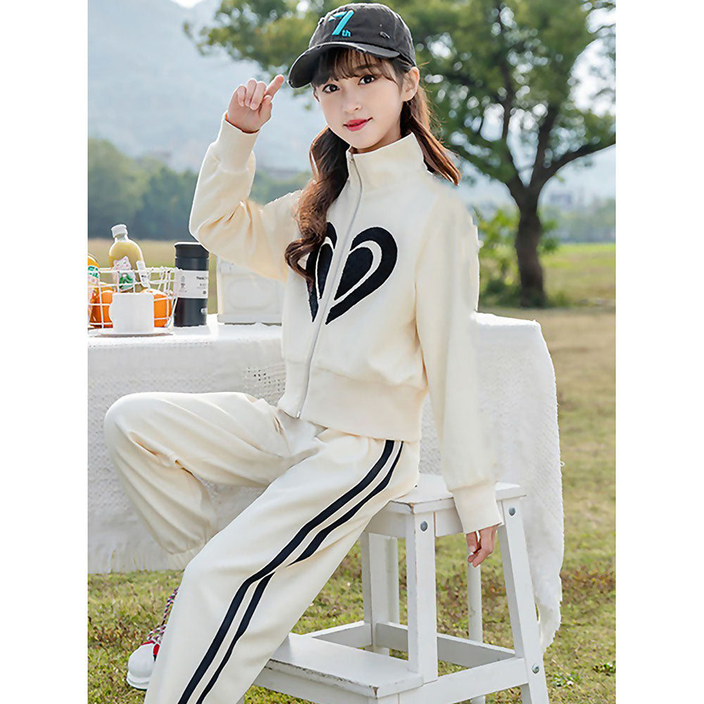 Casual Cream & Black Big Heart 2Pcs Track Suit Set For Kids & Tweens