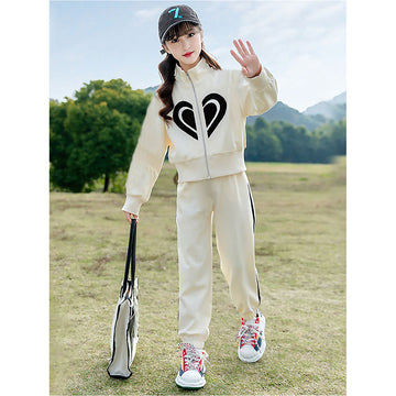 Casual Cream & Black Big Heart 2Pcs Track Suit Set For Kids & Tweens