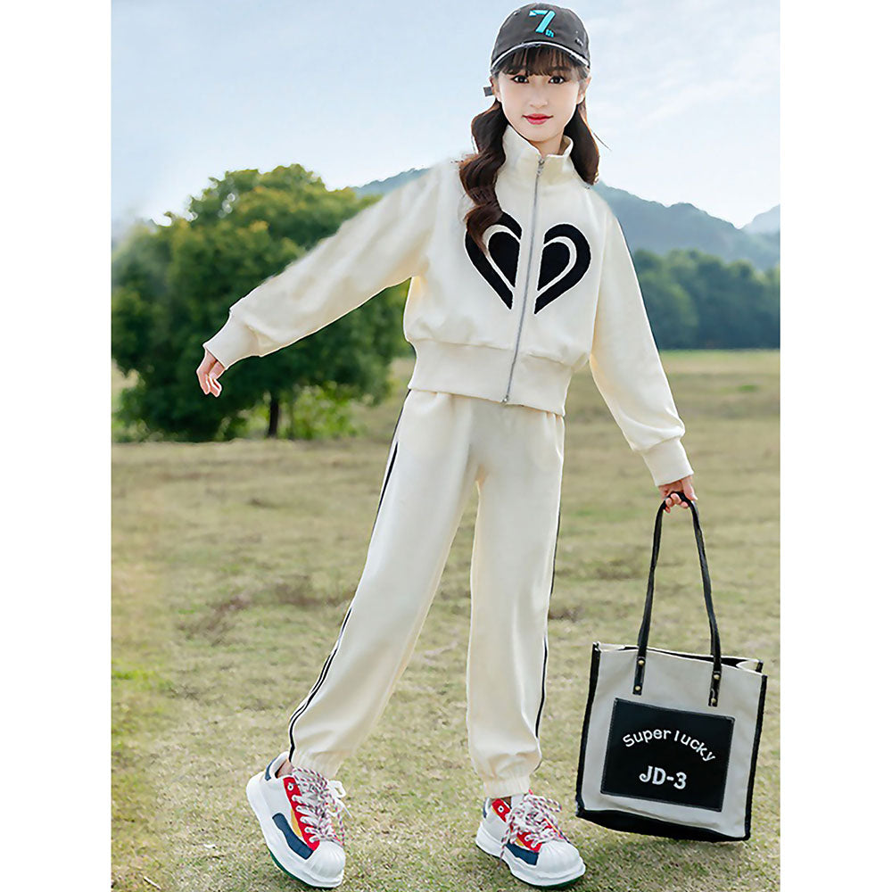 Casual Cream & Black Big Heart 2Pcs Track Suit Set For Kids & Tweens