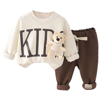 Cream & Brown Kids Teddy Soft Toy 2 Pcs Track Suit Set For Toddlers And Kids