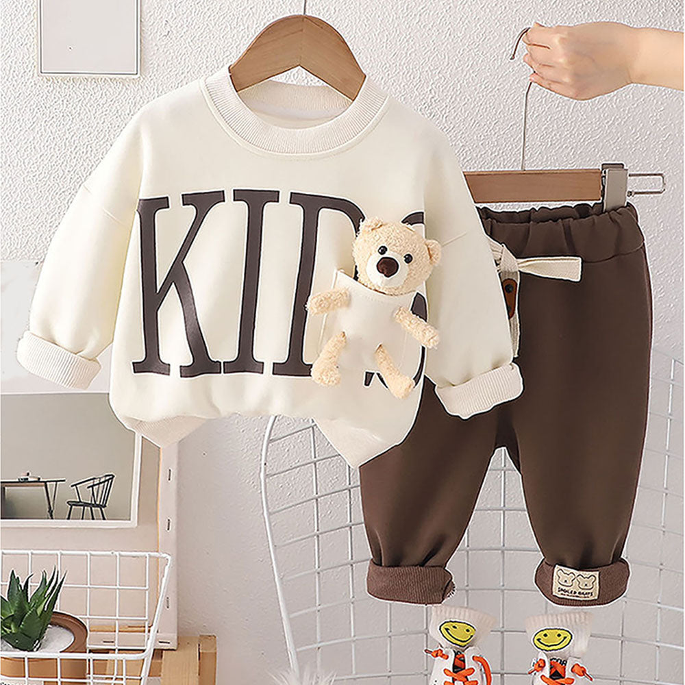 Cream & Brown Kids Teddy Soft Toy 2 Pcs Track Suit Set For Toddlers And Kids