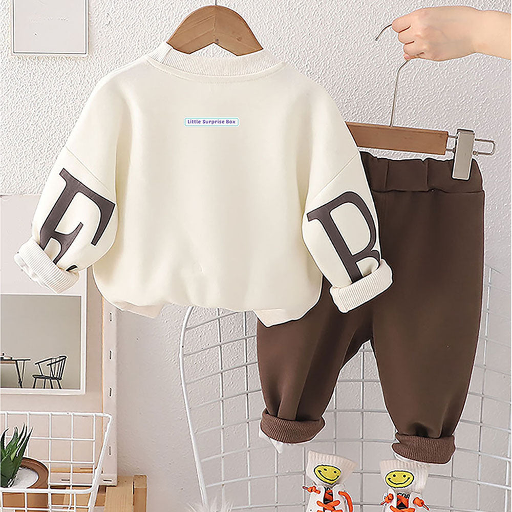 Cream & Brown Kids Teddy Soft Toy 2 Pcs Track Suit Set For Toddlers And Kids