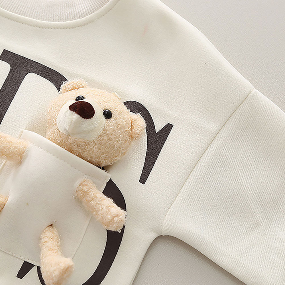 Cream & Brown Kids Teddy Soft Toy 2 Pcs Track Suit Set For Toddlers And Kids