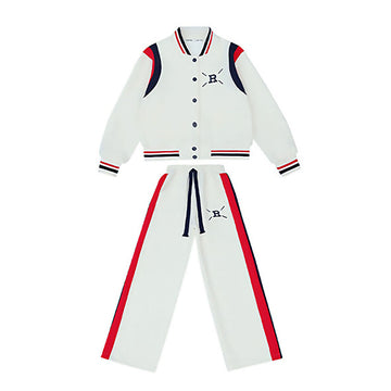 2Pcs Cream With Red And Navy Varsity Style Jacket With Matching Pants For Kids & Tweens